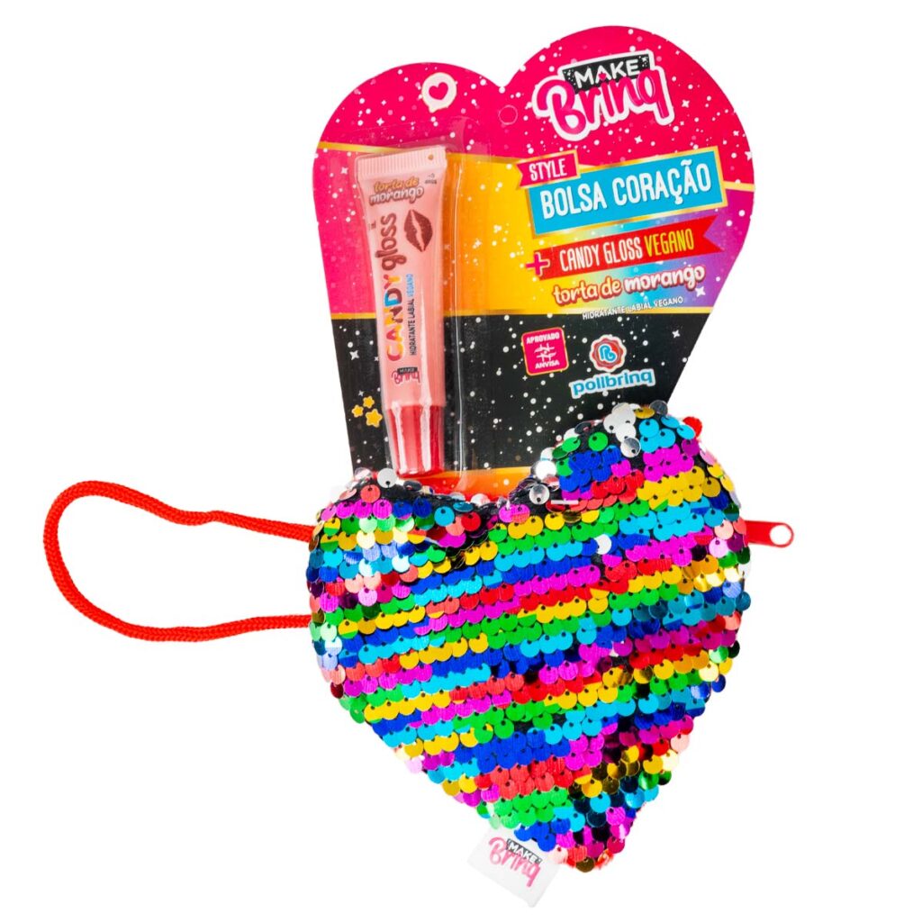 MK100 – MAKEBRINQ STYLE – BOLSA GLITTER CORAÇÃO COM GLOSS LABIAL – IMEDIATO