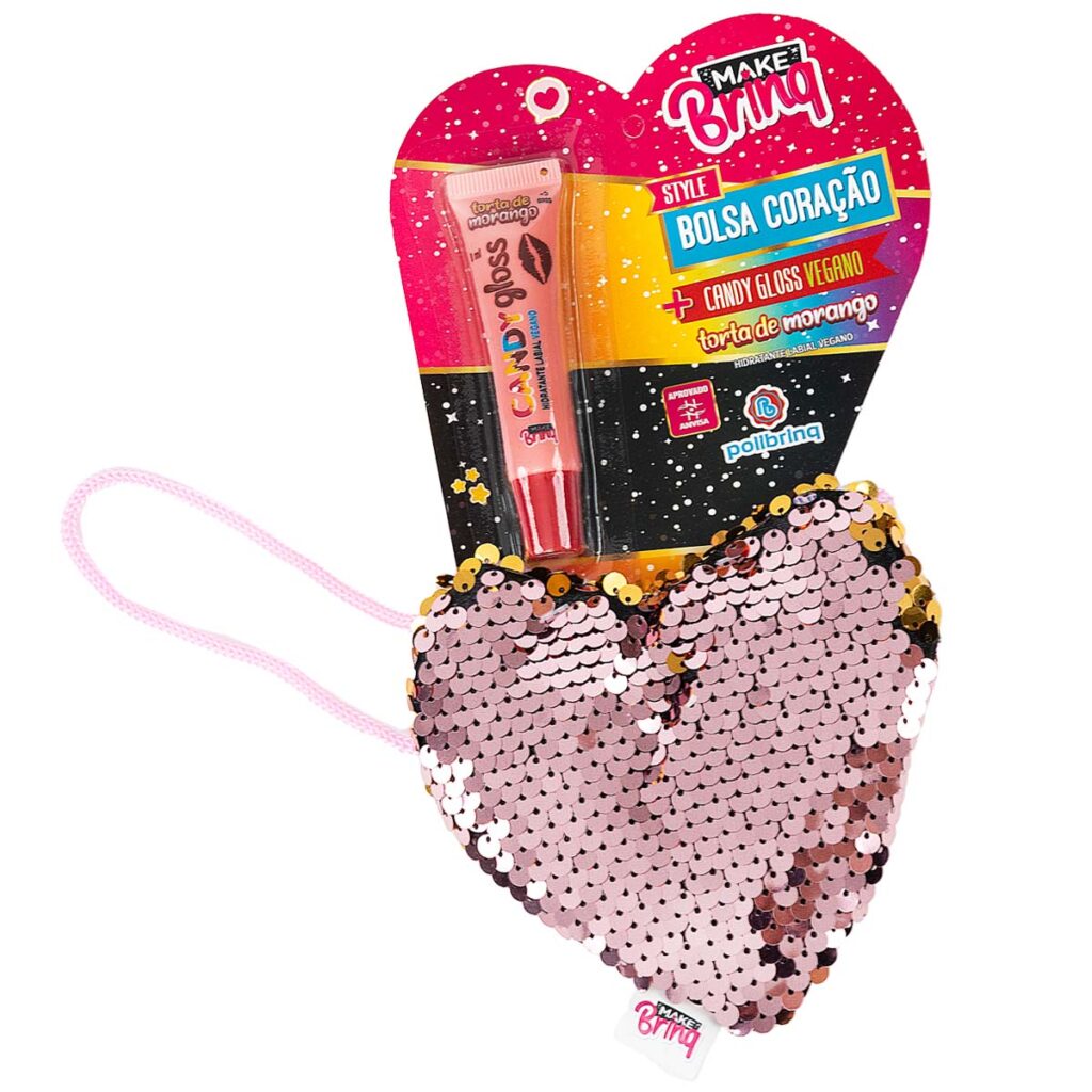 MK100 – MAKEBRINQ STYLE – BOLSA GLITTER CORAÇÃO COM GLOSS LABIAL – IMEDIATO