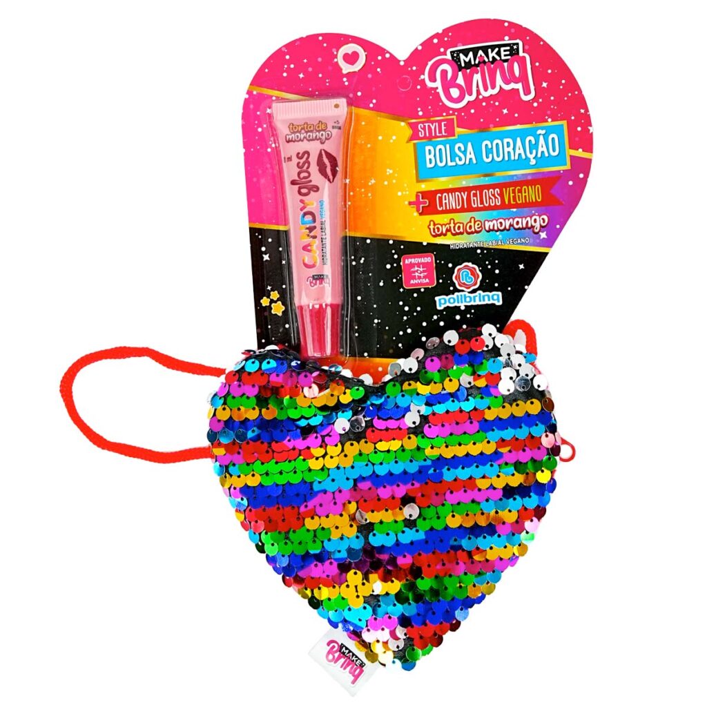 MK100 – MAKEBRINQ STYLE – BOLSA GLITTER CORAÇÃO COM GLOSS LABIAL – IMEDIATO
