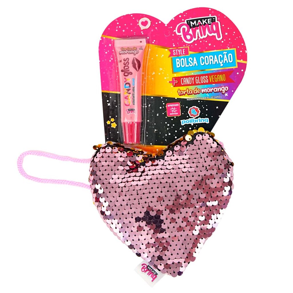 MK100 – MAKEBRINQ STYLE – BOLSA GLITTER CORAÇÃO COM GLOSS LABIAL – IMEDIATO