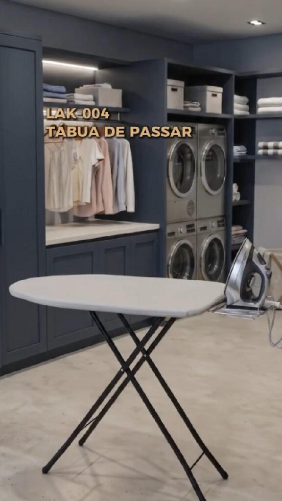 LAK-004 – TÁBUA DE PASSAR ROUPA REFORÇADA ALTURA AJUSTÁVEL PÉS X COM SUPORTE PARA FERRO CAPA CINZA 9