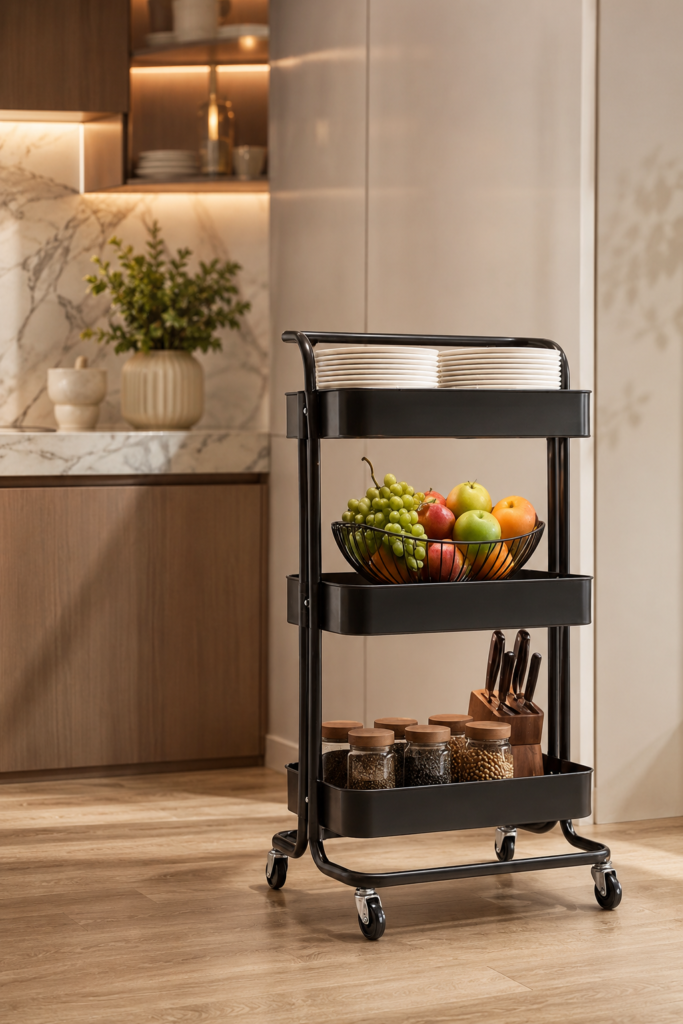 LAK-013 – CARRINHO ORGANIZADOR 3 ANDARES COM RODAS AÇO CARBONO PRETO CESTAS DE FERRO 73CM