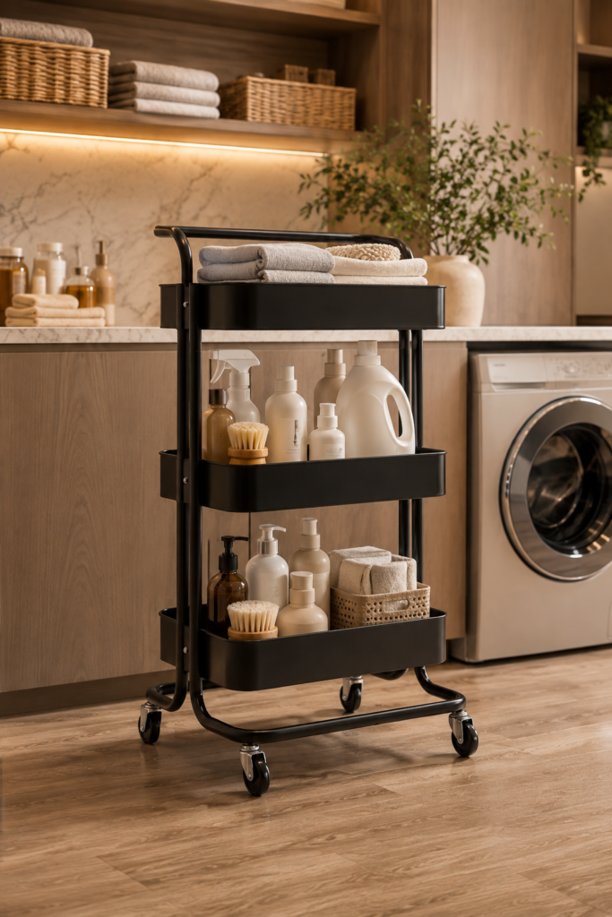 LAK-013 – CARRINHO ORGANIZADOR 3 ANDARES COM RODAS AÇO CARBONO PRETO CESTAS DE FERRO 73CM