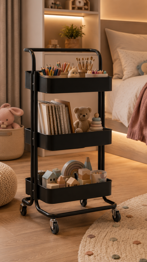 LAK-013 – CARRINHO ORGANIZADOR 3 ANDARES COM RODAS AÇO CARBONO PRETO CESTAS DE FERRO 73CM