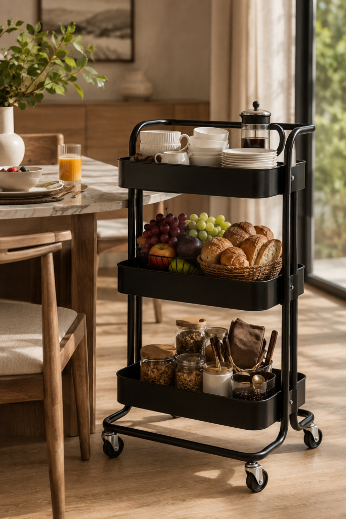 LAK-013 – CARRINHO ORGANIZADOR 3 ANDARES COM RODAS AÇO CARBONO PRETO CESTAS DE FERRO 73CM