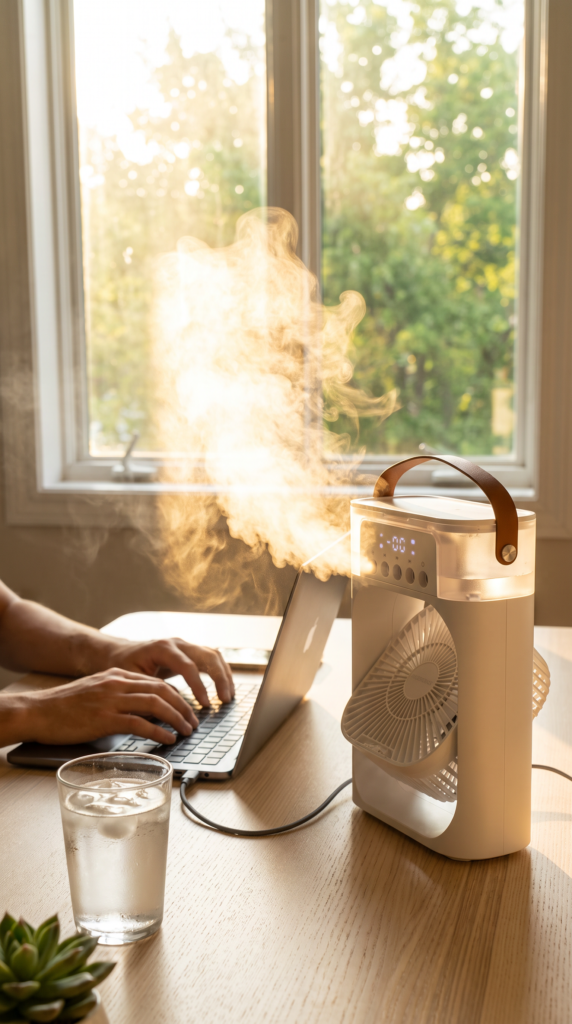 VEN-005 – MINI VENTILADOR/CLIMATIZADOR PORTATIL USB RESERVATORIO DE AGUA LED 3 VELOCIDADES