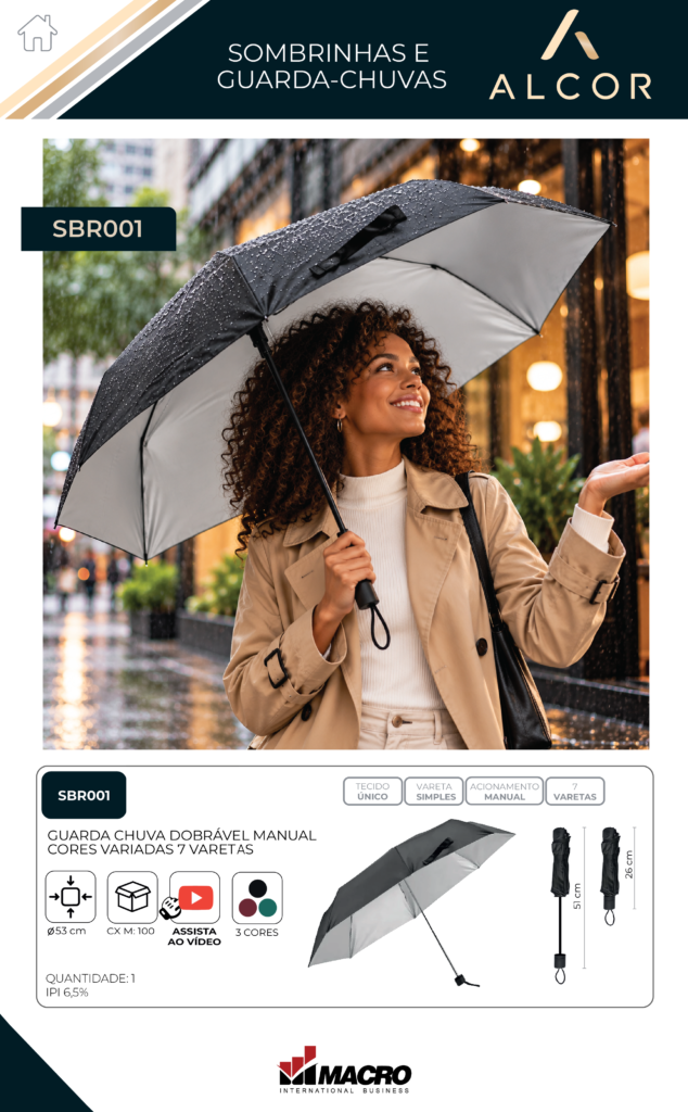 SBR001 – GUARDA CHUVA DOBRÁVEL MANUAL – CORES VARIADAS – 7 VARETAS