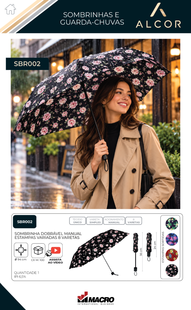 SBR002 – SOMBRINHA DOBRÁVEL MANUAL – ESTAMPAS VARIADAS – 8 VARETAS