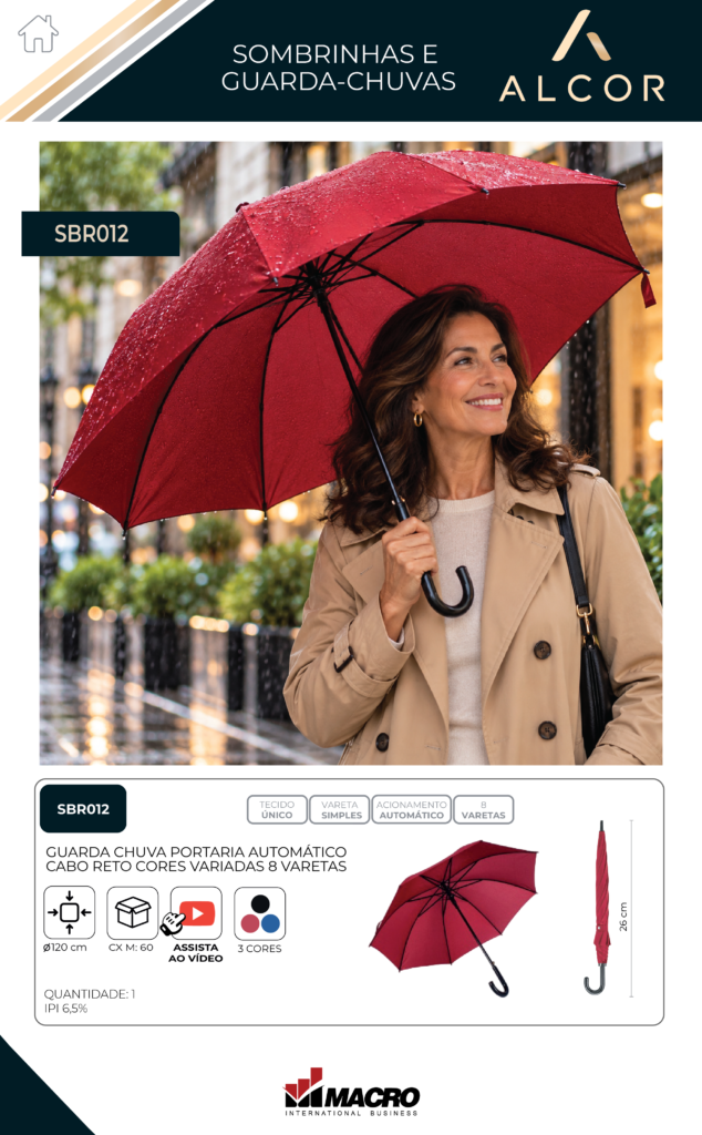 SBR012 – GUARDA-CHUVA PORTARIA AUTOMÁTICO – CABO RETO – CORES VARIADAS – 8 VARETAS