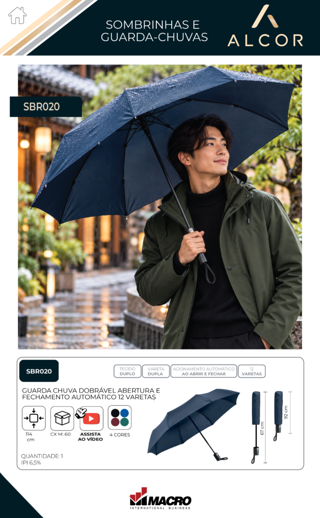 SBR020 – GUARDA-CHUVA DOBRÁVEL – ABERTURA E FECHAMENTO AUTOMÁTICO – 12 VARETAS