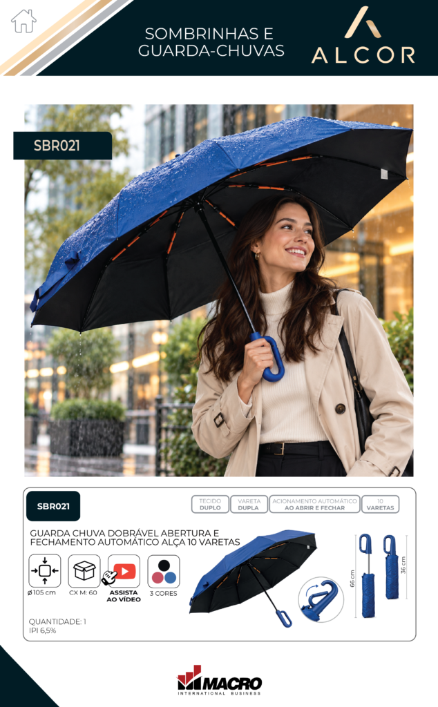 SBR021 – GUARDA-CHUVA DOBRÁVEL – ABERTURA E FECHAMENTO AUTOMÁTICO – ALÇA – 10 VARETAS